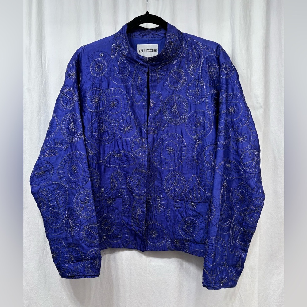 Chicos Silk Jacket Size 3 XL Blue Silver Embroidered Open Front Asian Style